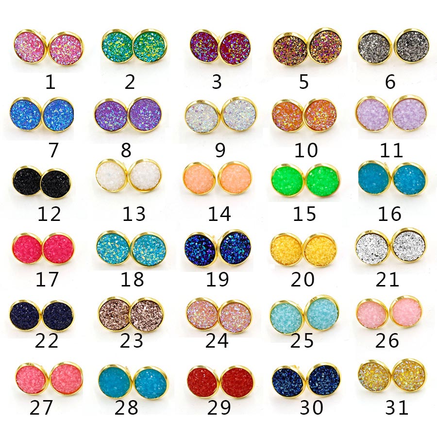 

Stainless steel Hypoallergenic Earrings 30 color 12MM druzy Resin stone Stud Gold Silver Ear Rings For women Luxury Jewelry Gift