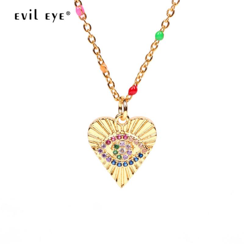 

EVIL EYE Heart Colorful Zircon Pendant Necklace Gold Color Long Chain Turkish Eye Necklace Fashion Jewelry for Women Girls LE399