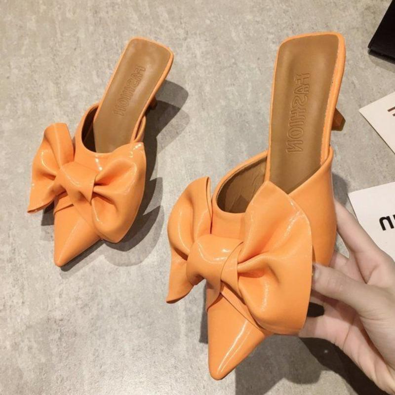 

Mules Floral Heels Slippers Women Shallow Pointed Toe Heeled Fashion Loafers Outsides Woman Slides for Women, Orange