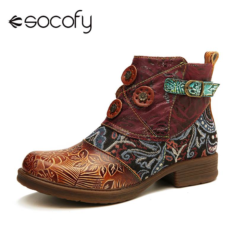 

Boots SOCOFY Buckle Genuine Leather Splicing Folkways Pattern Flat Soft Short Elegant Shoes Women Botas Mujer 2021, As the picture