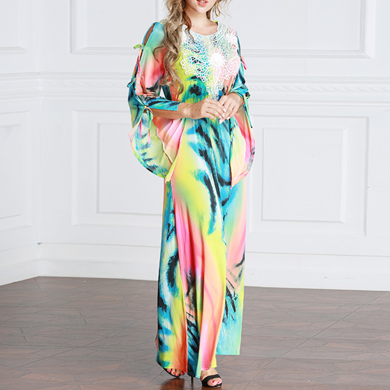 

7XLElegant Colorful Print Tie Dye Abaya Dress Women Muslim 2020 Fashion Flare Sleeve Maxi Dresses Dubai Clothes Islamic Vestidos
