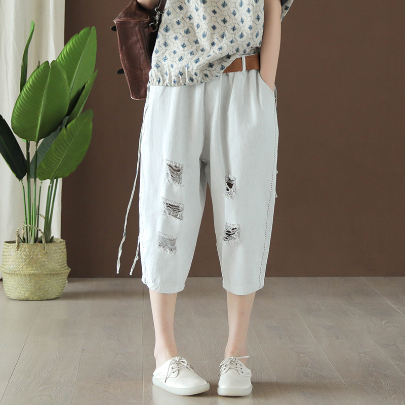 

Summer Jeans Fashion Women Elastic Waist Loose Denim Trousers New Casual pocket hole Vintage Pants Female 2019 Mori girl Pants, Grayish white