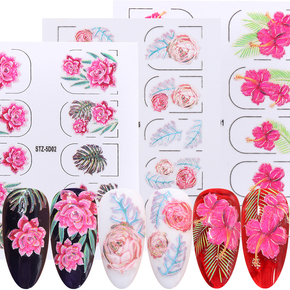 

5D Embossed Rose Nail Sticker Blooming Engraved Leaf Water Slider For Nails Art Decorations Decal Flower Manicure, As the picture