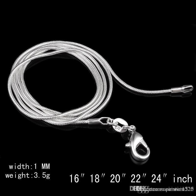 

20 pieces a lot 2021 top 1MM 925 Sterling Silver Snake Chain Necklace 16 18 22 24 inch Chains Jewelry High Quality Factory Price