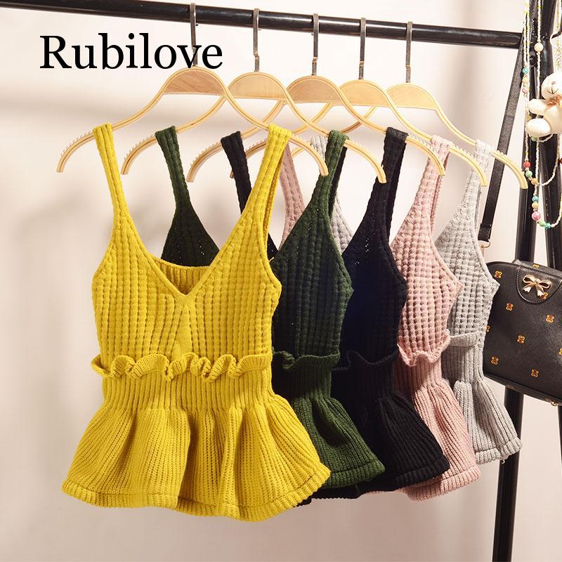 

Rubilove Cute Ruffle Vest Knit Crop Sweater Women Yellow Black Nude Striped Korean Style Gilet Jersey Winter