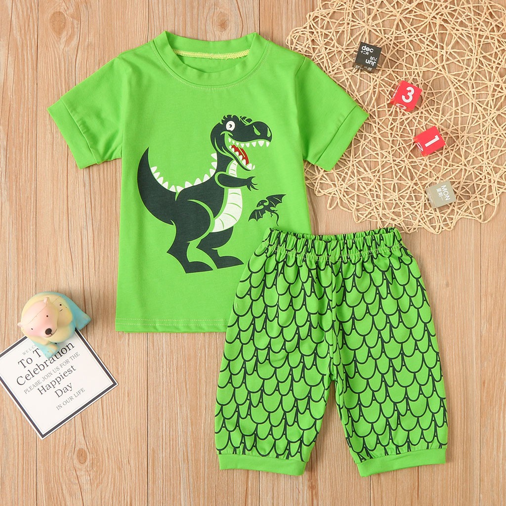 

Summer Boys Clothes Set Fashion 2020 Children Kids Boys Cartoon Dinosaur Print Tops T-shirt+Shorts Pajamas Outfit Set Ropa Nina, Grass green