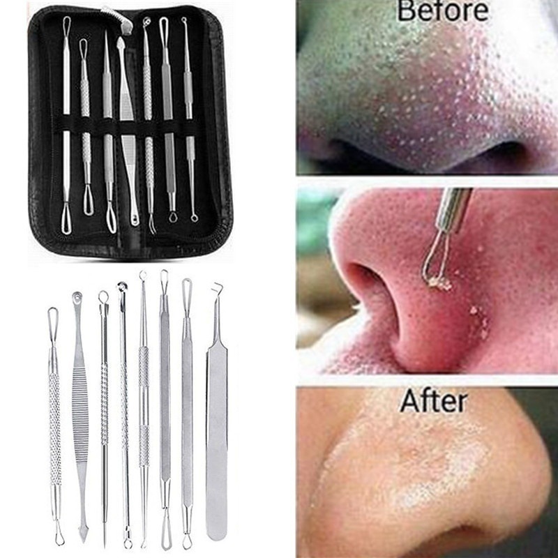 

8pcs Facial Blackhead Remover Tool Kit Double-End Comedone Acne Needle Clip Pimple Tweezer Blemish Extractor Set Face Skin Care
