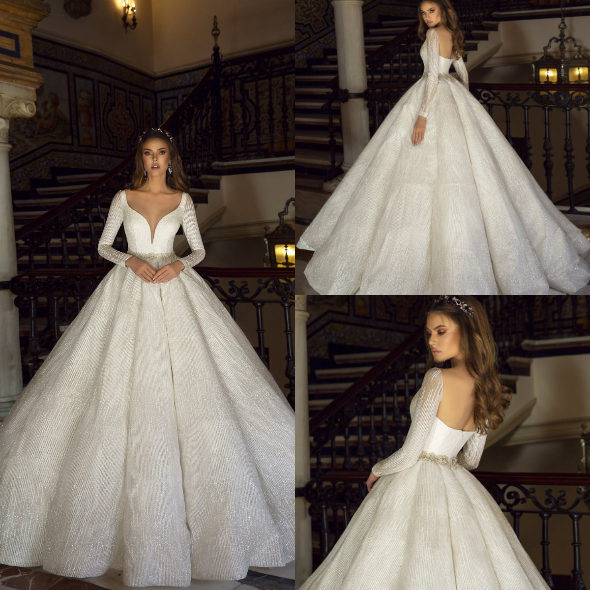 

2020 Luxury Modest Long Sleeve Wedding Dresses V Neck Lace Glitter Beads Ruffles Belt Church Wedding Gowns Floor Length Arabic Bridal Dress, Dark green