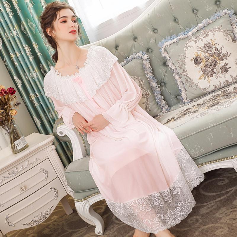 

2020 New Autumn Loose Modal Nightdress Women Sweet Lace Girl Sleepwear Nightgown Home Long Sleeves Lingerie Plus Size Mujer, Pink