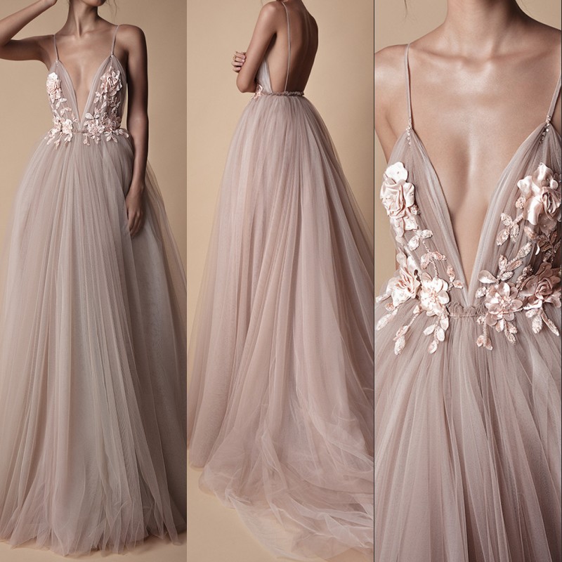 

Sexy Tulle Long Evening Dress 2020 Backless Court Train Flowers Blush Special Occasion Prom Gowns Custom pageant Made Vestido De Noche, Lavender