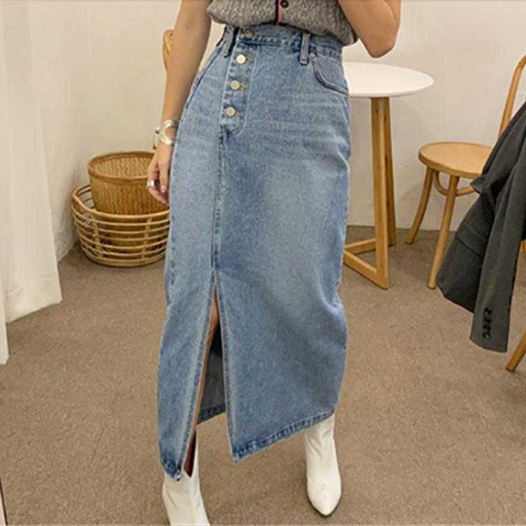 

Denim Skirt Women High Waist Skirt Side Split 2020 Spring Single-breasted Elegant Ladies Casual, Blue