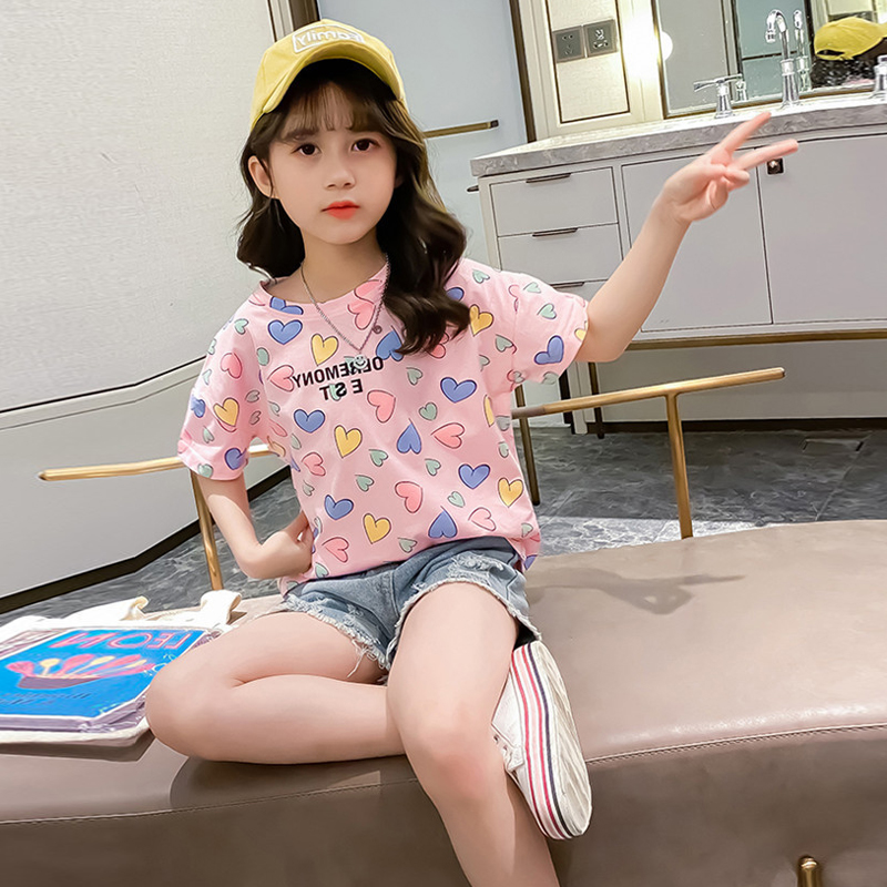 

2020 Fashion Teen Girl Clothing Set Summer Baby Girls Clothes Short Sleeve Print Heart Tops + jean Shorts Children Clothing, Pink