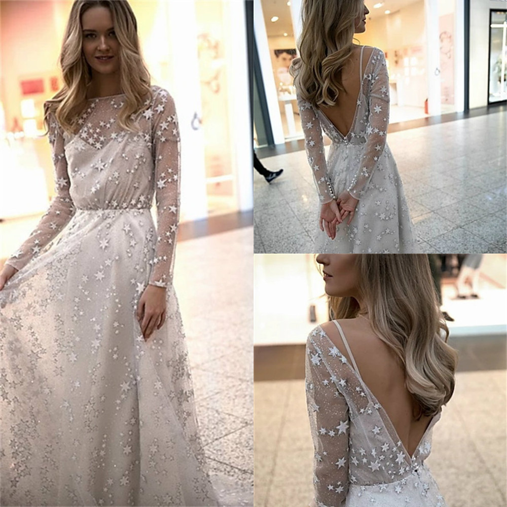 

Olivia Bottega 2021 Wedding Dresses Long Sleeves Lace Sequins Bridal Gowns Backless Sweep Train A-Line Wedding Dress Vestido De Novia, Black