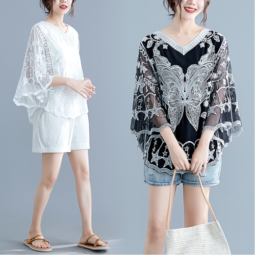

Embroidery Women Tops And Bloues Batwing Sleeve Woman Blouses Shirts Camisas Mujer Literary Blusa Feminina High Quality Shirt, Black