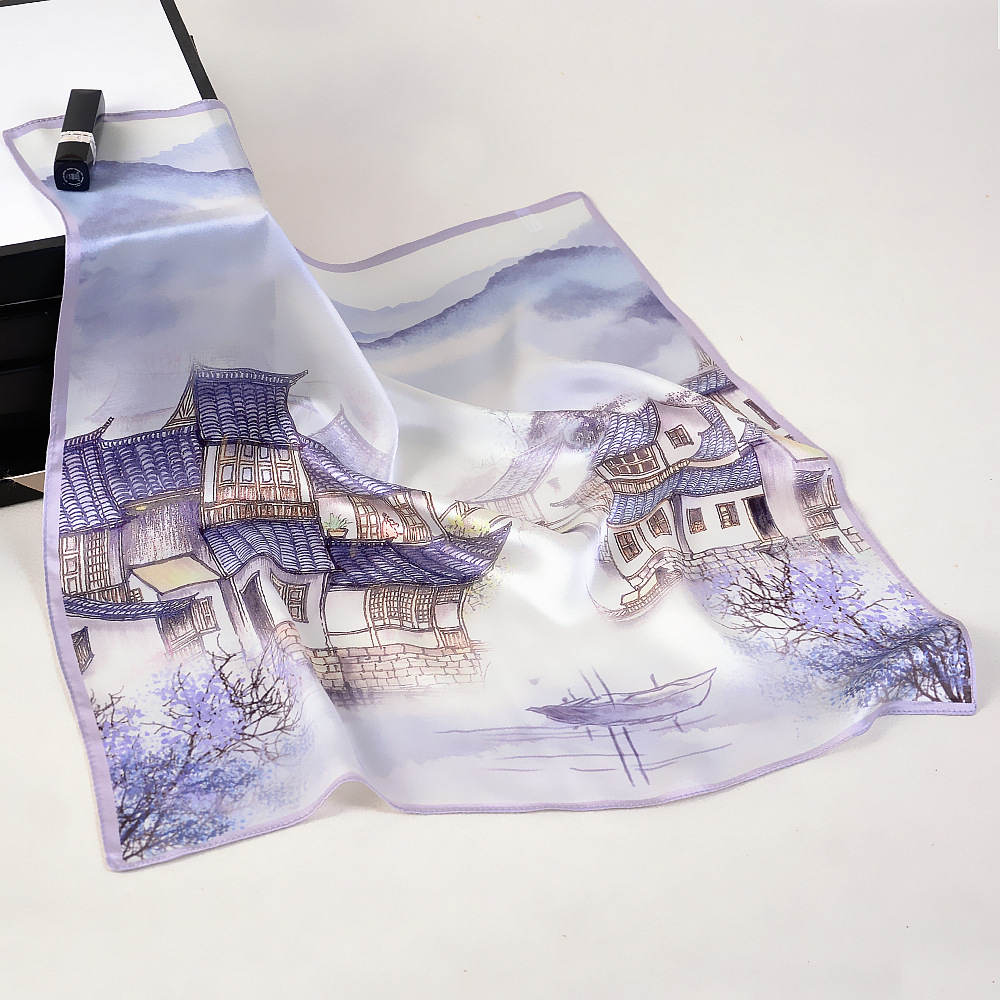 

2019 new mulberry silk Ms. 53cm Chinese ink painting small wind rural small square scarf scarves
