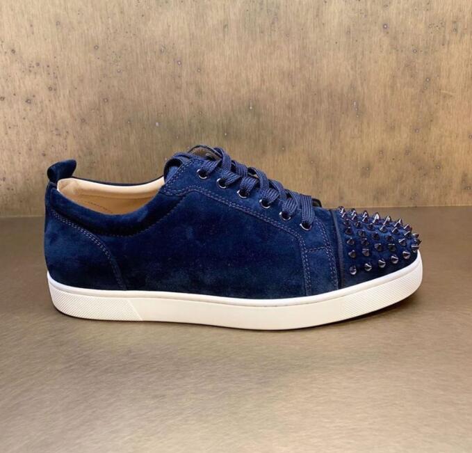

Fashion Red Bottom Men's Shoe Spiked Footwear Trainers Junior Spikes Flats Marine Blue Suede Trainers,Low Flat Rivets Shoes Studs Toe with boxes, Black