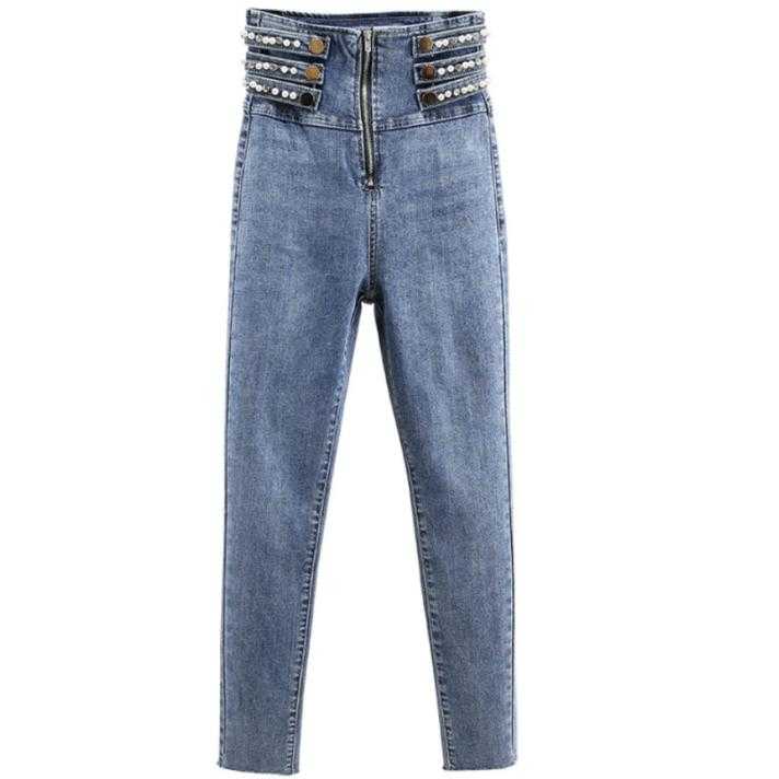 

High-waist rhinestone beaded jeans women 2020 spring new fashion stretch skinny pencil jeans, Dark blue