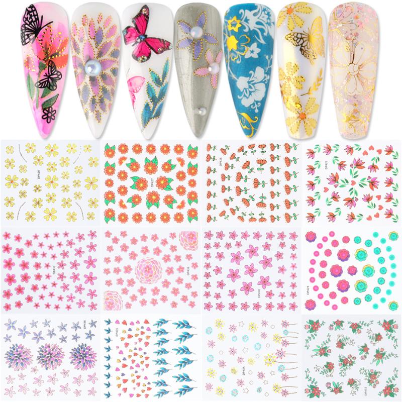 

12pc 5D Summer Flowers Nail Stickers Sliders Geometric Design Transfer Decals Tattoo Foils Wraps Tips Nail Art Decoration TR1788, Fl5013-5024 set