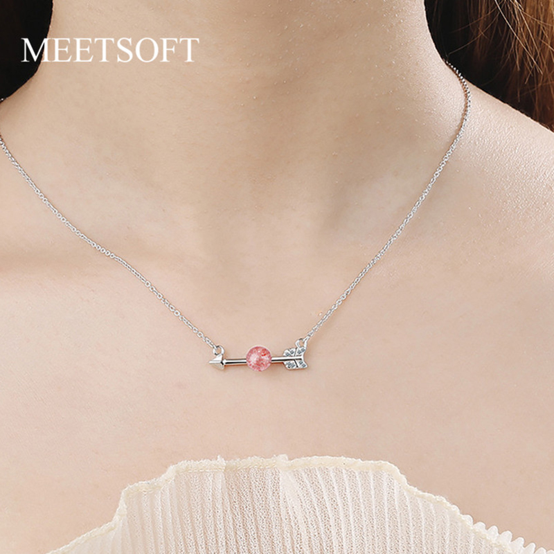 

MEETSOFT 925 Silver Pendant Necklac Minimalist Clavicle Chain Female Smiple Strawberry Quartz Arrow Accessories Gift