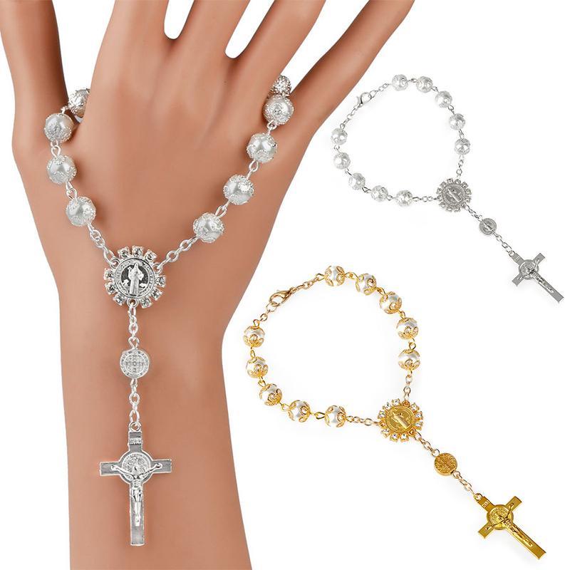 

2019 Catholic Rosary Prayer Beads Bracelet Gold Silver Lace Glass Jesus Cross Pearl Bracelets Statement Jewelry Women Christmas Gift