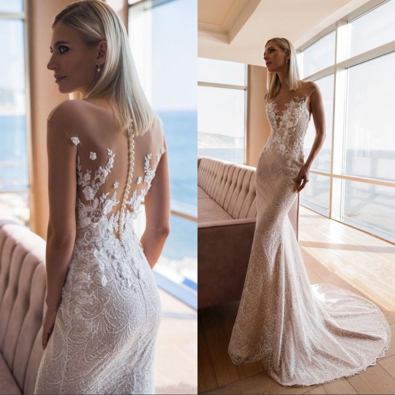 

Mermaid Wedding Dresses Jewel Neck Sleeveless Beads Appliques Hand Made Flowers Wedding Dress Sweep Train Bridal Gowns, Same as image