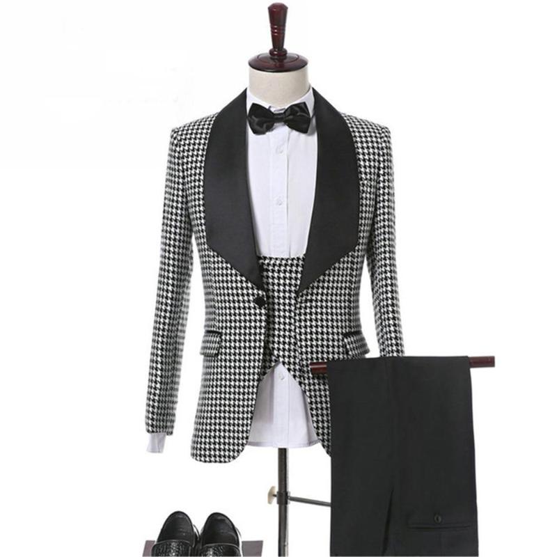 

Groom Tuxedos Suits Shawl Lapel Best Men Custom Made Houndstooth Men Suits Wedding 3 Pieces ( Jacket+Pants+Vest+Tie ) E87, Same the picture
