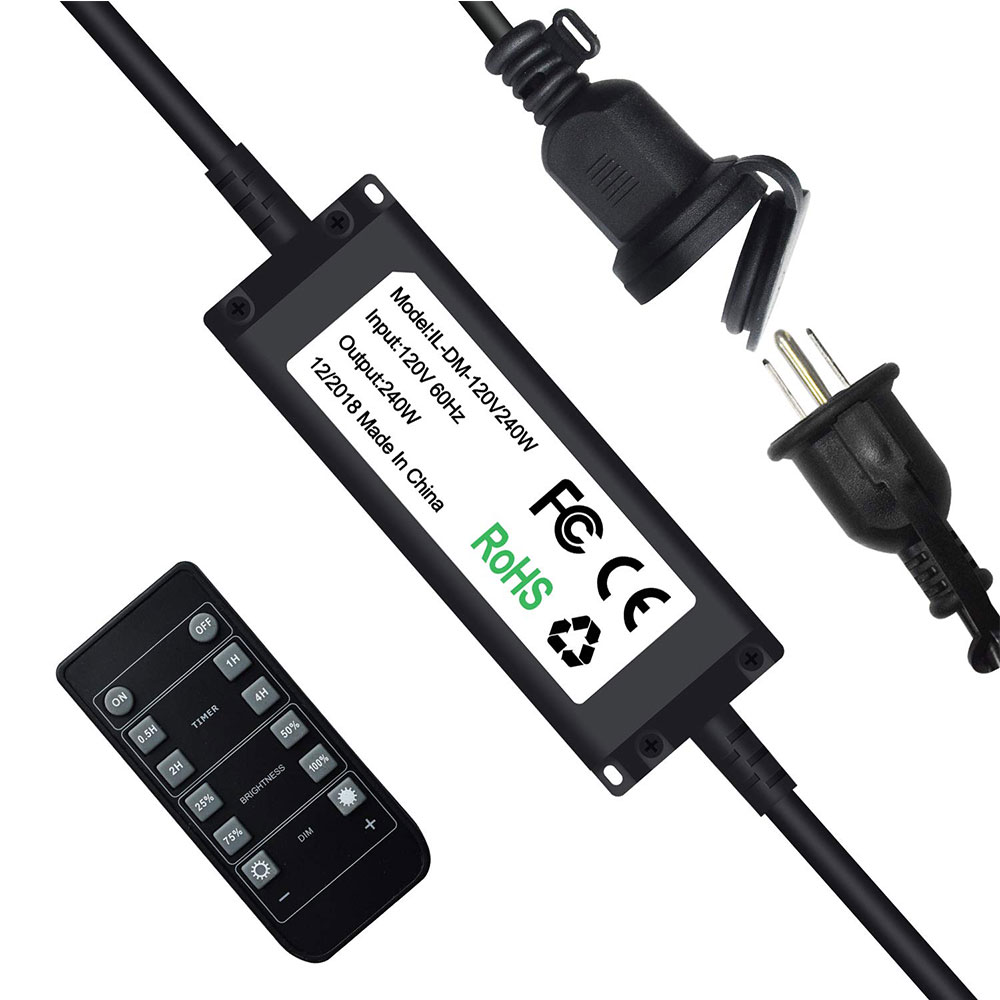 

Dimmers, Outdoor Dimmer for String Lights, 240W/500W Wireless Remote Control Auto Off Switch Timer LED or Incandescent Strings Light Patio Lighting