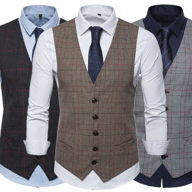

Fashion Men`s Formal Dress Vest Tuxedo Waistcoat Business Suit Top Slim Plaid V-Neck Blazer Jacket, Brown