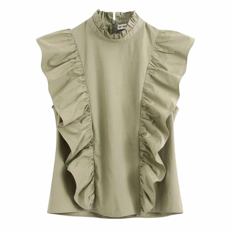 

New Women elegant agaric lace stand collar solid casual smock blouse ladies chic pleated ruffles femininas shirts tops LS6378, As pic ls6378bb