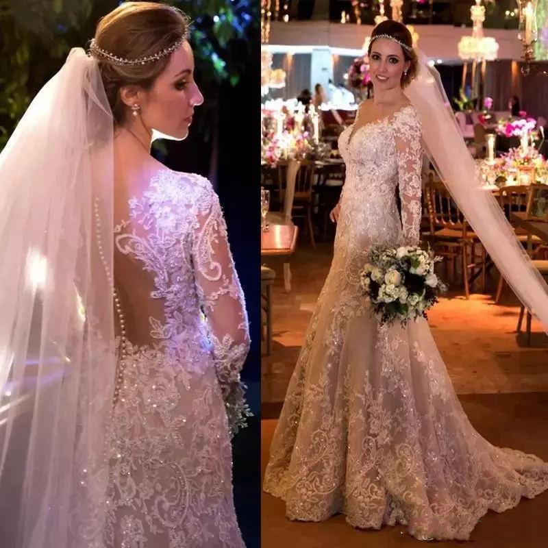 

2019 Vintage Mermaid Lace Wedding Dresses Appliques Sequins Long Sleeves Wedding Gowns Sweep Train Covered Buttons Bridal Dress Plus Size, Silver
