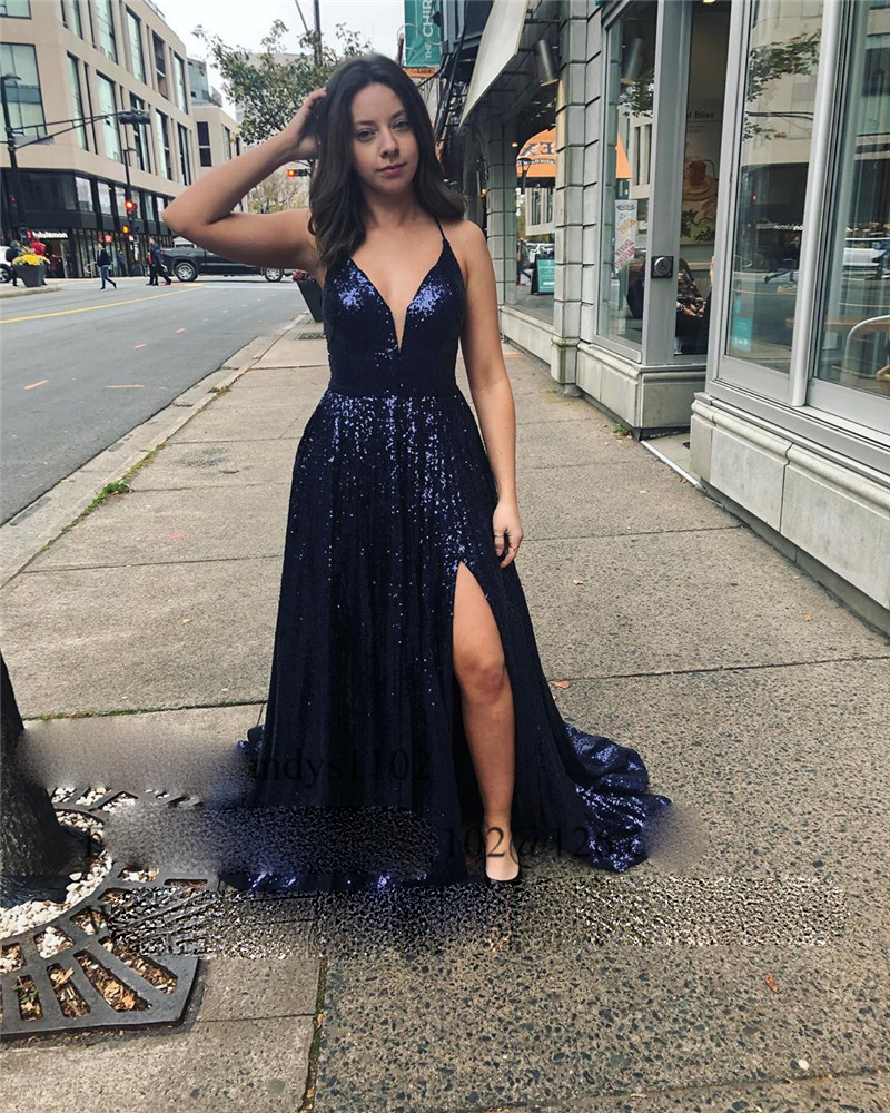 

Sequined Navy Blue Evening Dresses Long 2020 Split African Dress Prom Gowns For Women Vestidos de fiesta de noche, Dark navy