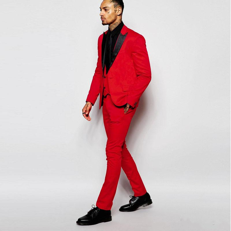 

New Latest Design Red Men Suits Prom Wear Black Wide Peaked Lapel Two Buttons 3 Pieces Slim Fit Men Blazer Jacket+Pants+Vest 488, Same as image