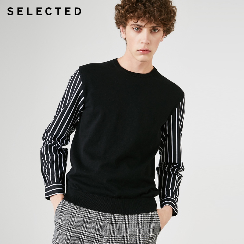 

Men's 100% Cotton Stripe Splice Knitted Sweater S|419124521, Black