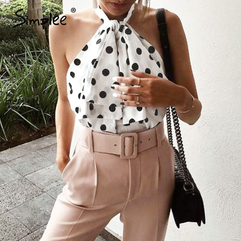 

Simplee Sexy sleeveless chiffon party blouse tops Women polka dot print short tops shirts Summer holiday beach high street, White