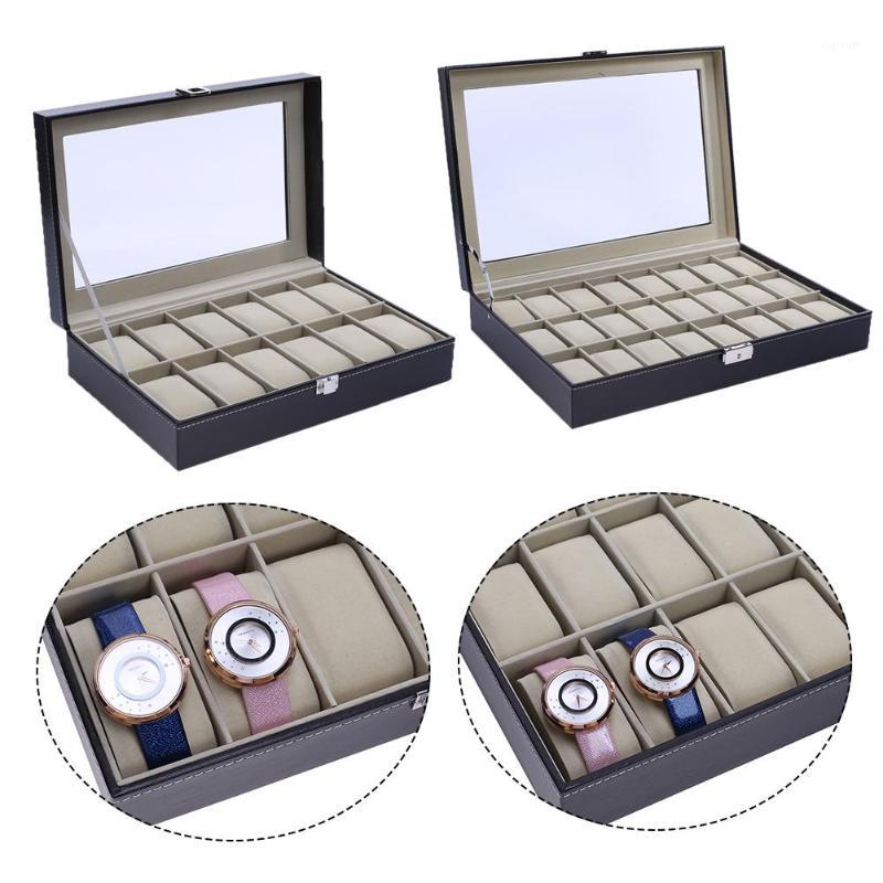 

Watch Boxes & Cases 2021 12/24 Grids PU Leather Display Box Window Wooden Word Lock 12 Grid Jewelry Female Clock Case1, Black;blue