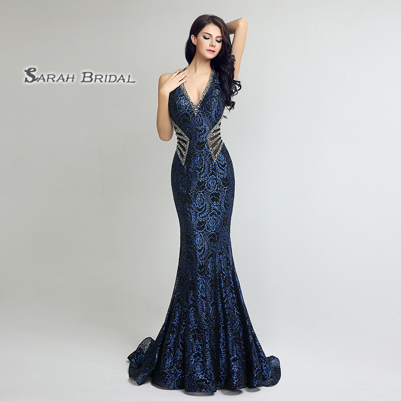 

Sexy 2019 Prom Dresses Sleeves V-neck Mermaid Shiny Beads Evening Dress Floor Length Ready Gowns LX235, Same as image