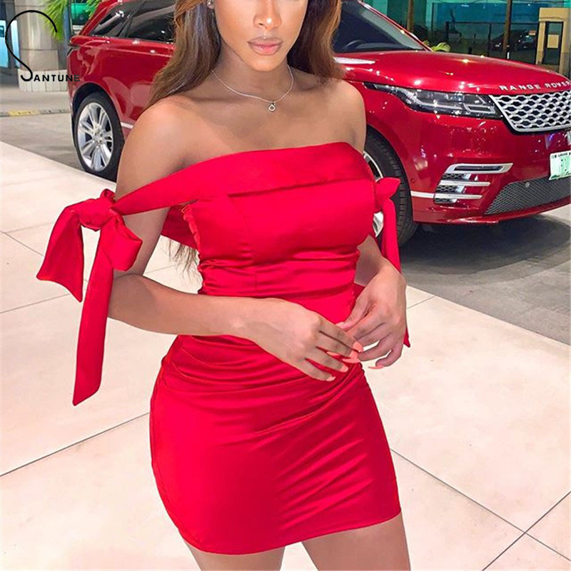 

Santune 2020 Fashion Sheath Zipper Slim dress Off Shoulder Solid Red Bodycon summer dress Short Night Club Sexy dresses Women