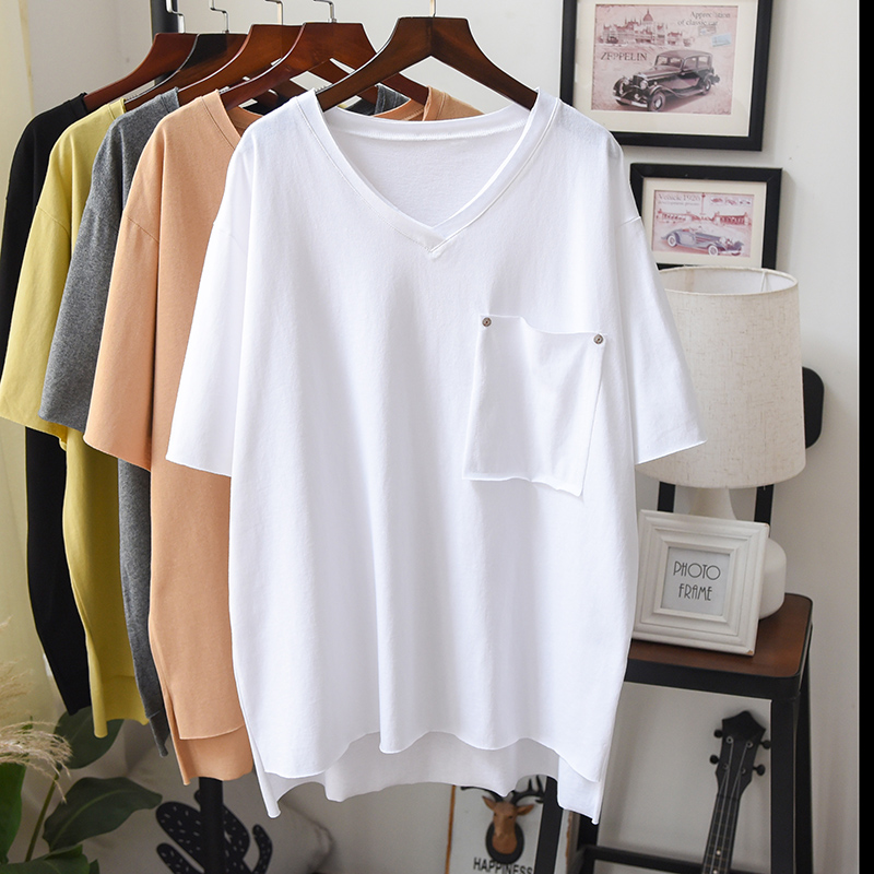 T-shirts pour femmes 2022 Spring d'été Solid Cotton Pullover Shirt Femme Femme à manches V V MAXI TEE CONFORM