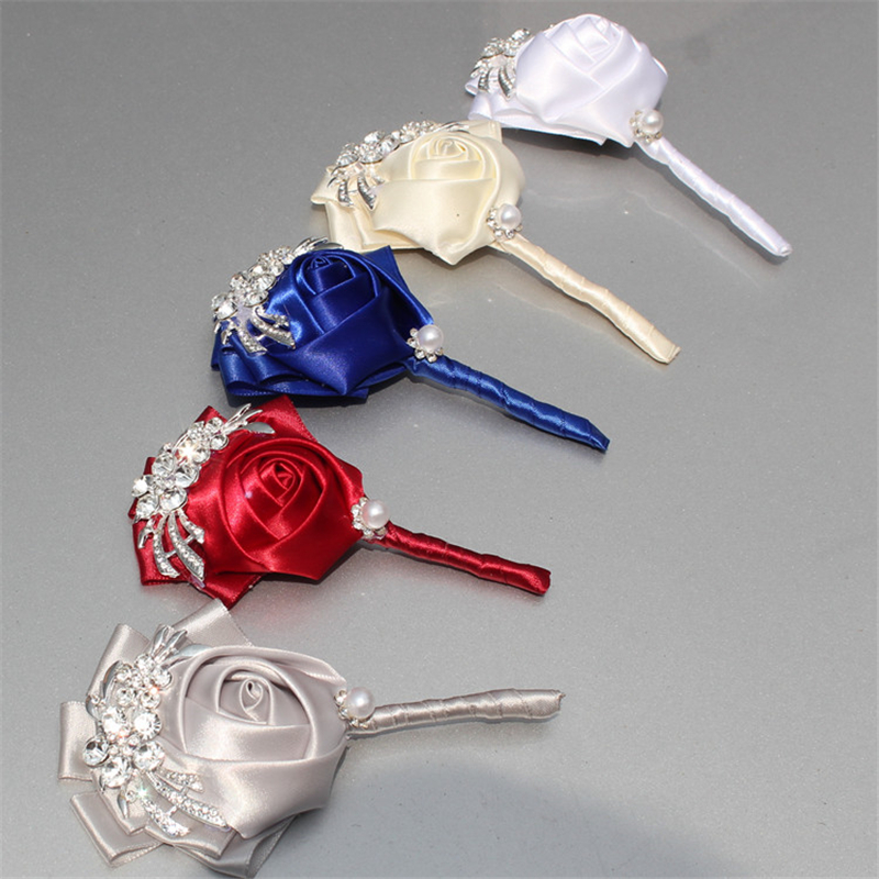 

3piece/lot Crystal Corsages Men Suit Lapel Pin Royal Blue Ribbon Wedding Ceremony Flower Bling Brooch Groom Boutonnieres X1104, White