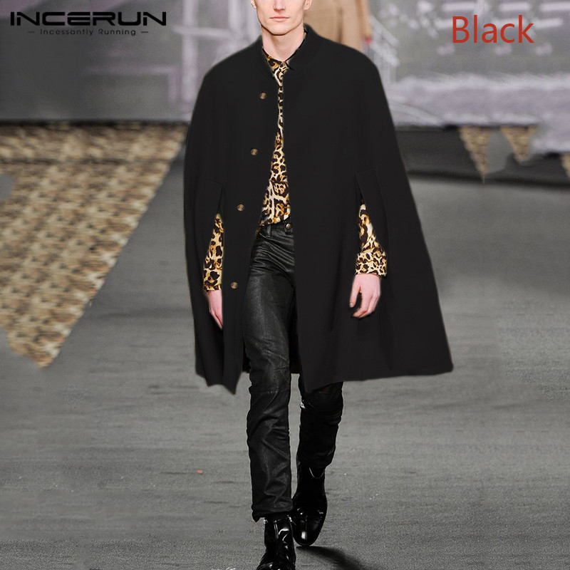 

INCERUN Autumn Men Fashion Solid Color Lapel Cloak Jackets Windbreaker Casual Loose Single Breasted Mens Cardigan Trench Coats, Black