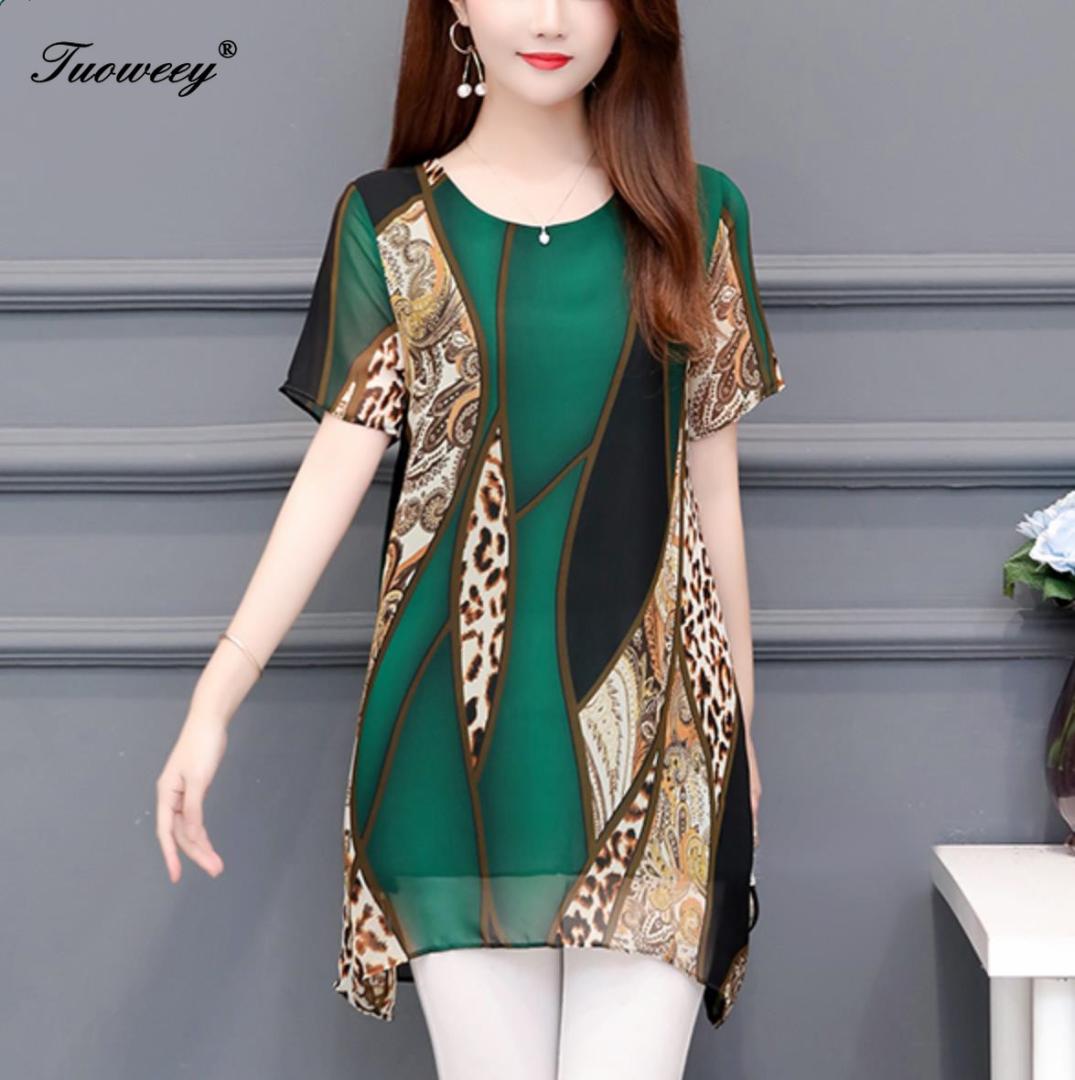 

Women clothing New 2019 spring fashion loose plus size women's long shirts short sleeve leopard blouse shirts chiffon blusas, Green