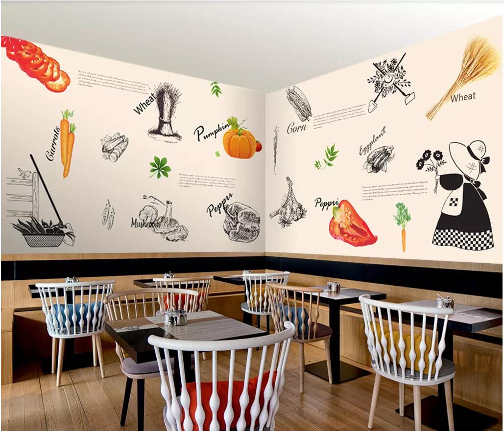

3d room wallpaper cloth custom photo Hand-painted cartoon simple personality vegetable doodle fast food restaurant wallpaper for walls 3 d, Picture shows