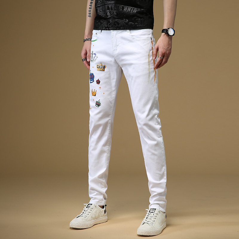 jeans minces hommes de l'été des hommes de designer la petite délinquance pieds pantalon slim fit fleur rouille élastique jeunesse élastique blan