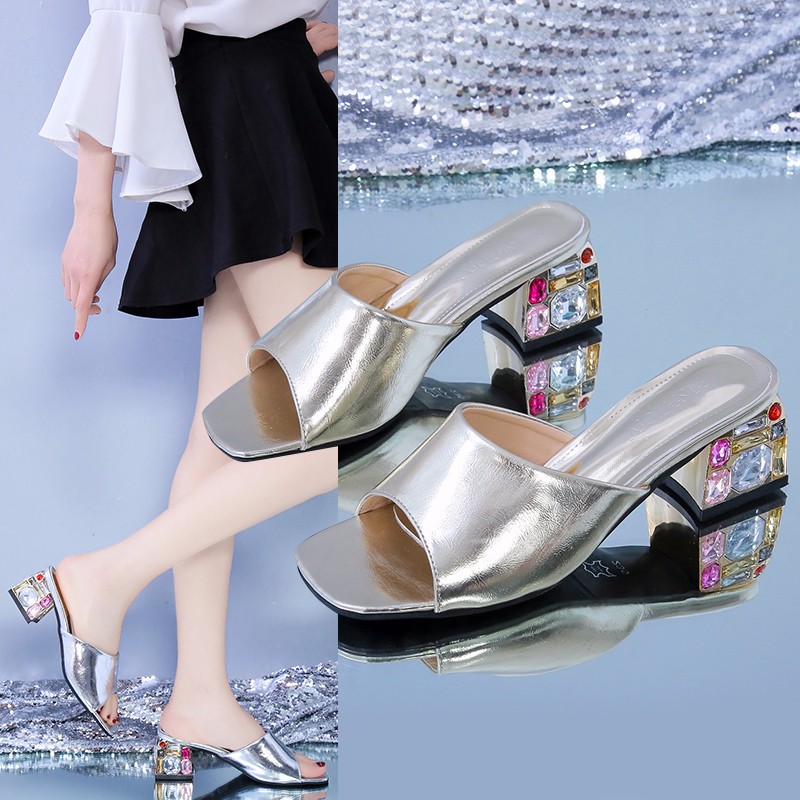 

2020 Summer New Women Sandals High Heels Open Toe Female Outdoor Slippers Fashion Ctystal Heel Shoes Woman Gold Sliver, Black