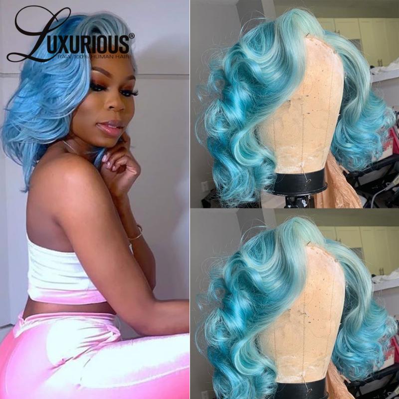 

Short Bob Wavy Light Blue Colored Human Hair Wigs For Women Brazilian Remy 13x6 Bob Lace Front Human Hair Wigs Closure Wig, As pic