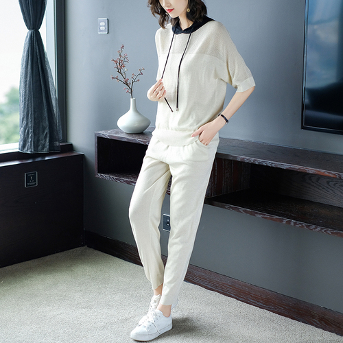 

European Station Knitted Suit Hooded Women 2 Piece Set Top And Pants Casual Women's Tracksuits Leisure Tracksuit Top&pants Set, Black