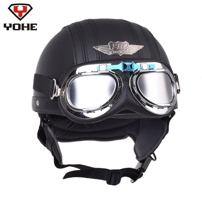 

YOHE Retro Motorcycle Helmet Cruiser Leather Pilot Scooter Vintage Half Helmets Casque Moto Casco Capacete with Goggles, Brown-chrome