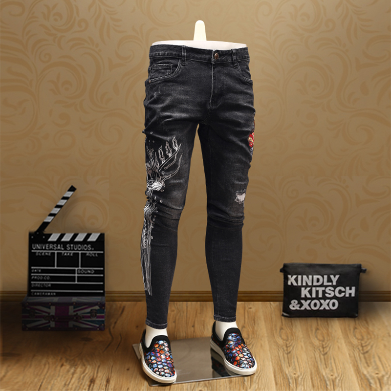 

Mens Fish Print Skinny Ripped Jeans High Quality Streetwear Cotton Cowboys Men Black Jean Pants PSMJ85