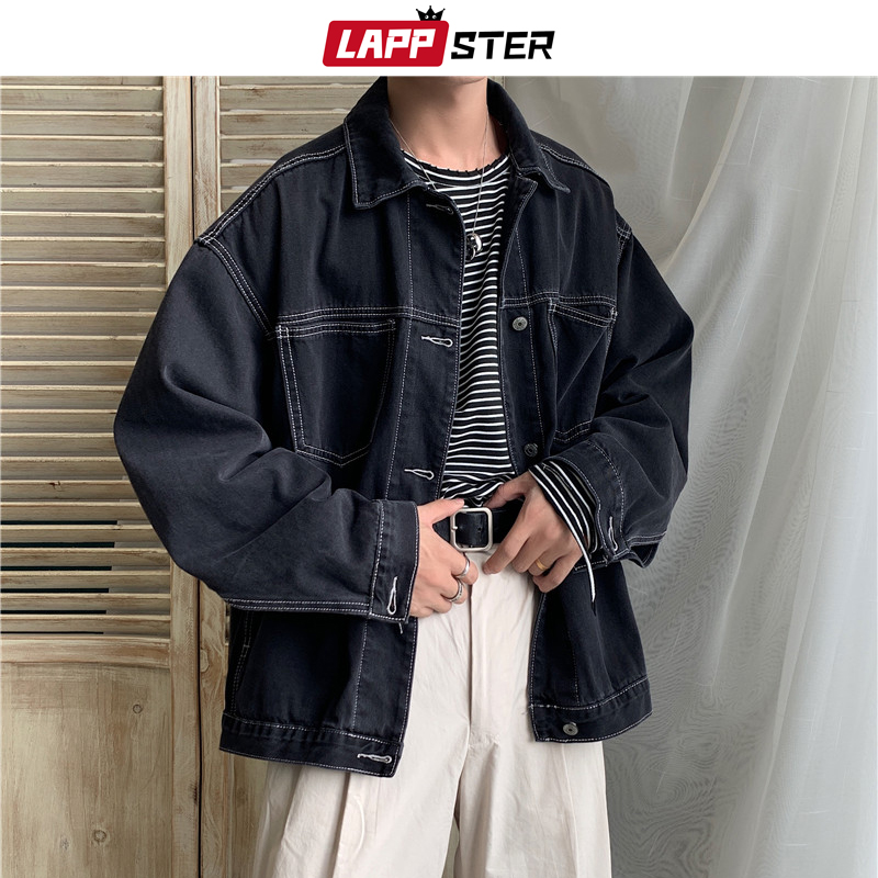 

LAPPSTER Men Streetwear Jeans Jacket 2020 Mens Oversized Korean Fashions Denim Jacket Windbreaker Harajuku Hip Hop Clothing, Black