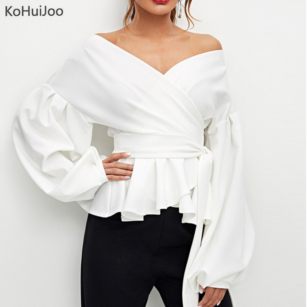 

KoHuiJoo Long Sleeve Shirt Women Lanter Sleeve Belted Blouse Shirt Sexy Loose Green White Tops Feminine Clothing, Black